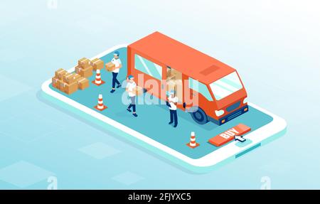 Vettore di uno smartphone con carrello di consegna e corriere di consegna scarico di scatole di cartone Illustrazione Vettoriale