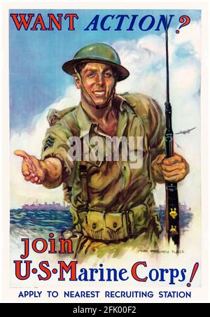 Americano, WW2 militare reclutamento poster: Vuoi azione?, Unisciti a US Marine Corps! (USMC), 1942-1945 Foto Stock