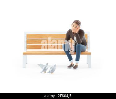 uomo cartoon in 3d annoiato seduto su banco pubblico, illustrazione isolata su sfondo bianco Foto Stock