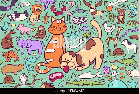 Colorful doodle cartoon di animali. Simpatico animale infantile illustrazione con adorabile sorriso Foto Stock