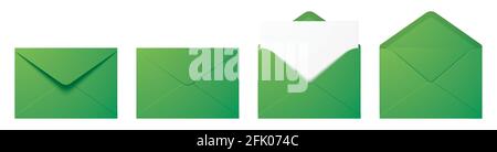 Insieme vettoriale di buste verdi realistiche in posizioni diverse. Mockup delle buste ripiegate e non piegate isolato su uno sfondo bianco. Illustrazione Vettoriale