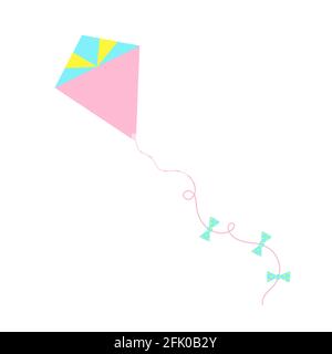 Aquilone blu chiaro e rosa con corda e archi, giocattolo per bambini, semplice illstrazione vettoriale in stile piatto, motivo senza cuciture per carte, inviti, design di celebrazione Illustrazione Vettoriale