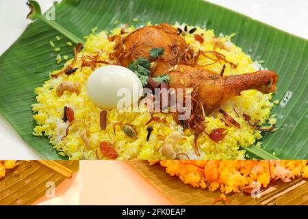 Kerala Pollo dum biryani, disposti tradizionalmente in una foglia di banana con sfondo bianco o trama, messa a fuoco selettiva Foto Stock