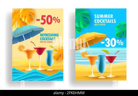 Poster di vendita estiva con offerte promozionali per cocktail alcolici, illustrazioni 3d realistiche, bicchieri sulla spiaggia con ombrello e foglie tropicali Illustrazione Vettoriale