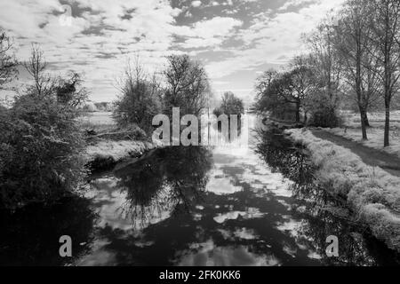 Infra immagine rossa del fiume Chelmer in Essex, vicino a Little Baddow in una luminosa e soleggiata mattina di aprile Foto Stock