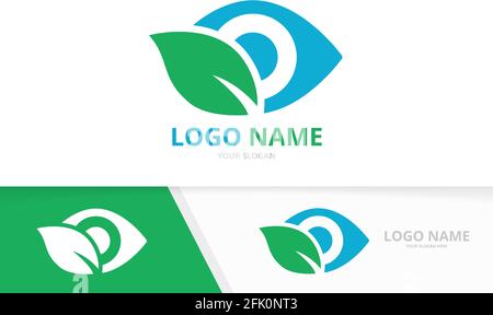Combinazione di logo a forma di occhio e foglia vettoriale. Esclusivo modello di progettazione di logotipo di visione organica. Illustrazione Vettoriale
