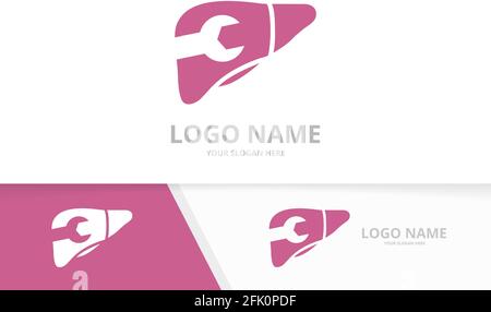 Combinazione di fegato vettoriale e logo di riparazione. Esclusivo modello di progetto per logotipo di organo interno. Illustrazione Vettoriale