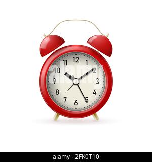 Classica sveglia rossa realistica con frecce. Illustrazione vettoriale. Illustrazione Vettoriale