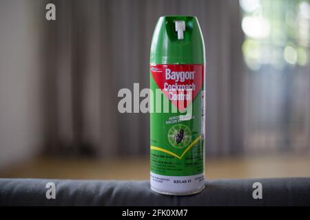 KUALA LUMPUR, MALESIA - 25 aprile 2021: Baygon cockroach bottiglia di controllo isolato su sfondo sfocato. Spray per il controllo dei parassiti, spray per il controllo degli scarafaggi. Foto Stock