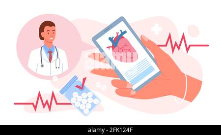 Chiamare il medico, la medicina di cardiologia, il telefono mobile della mano per la consultazione medica Illustrazione Vettoriale