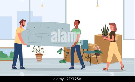 La famiglia si sposta in casa nuova o appartamento casa, donna felice e giovane uomo con divano Illustrazione Vettoriale