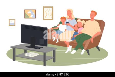 Buona famiglia guardare la tv o film, sedersi sul divano di casa, personaggio madre bere caffè Illustrazione Vettoriale