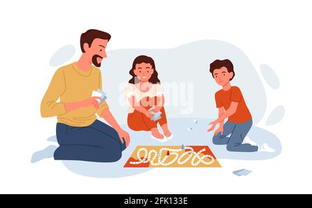 Gioco da tavolo per famiglie felice con carte a casa, bambini padre e bambina giocare Illustrazione Vettoriale