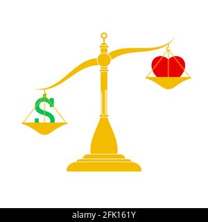 Equilibrio tra cuore e denaro. Illustrazione vettoriale in stile piatto isolata su sfondo bianco. Illustrazione Vettoriale