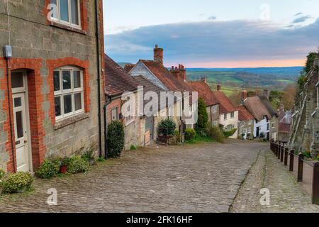 Graziosi cottage su una strada acciottolata a Gold Hill in Shaftestbury nel Dorset Foto Stock