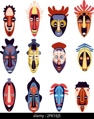 Maschera africana. Tradizionale rituale o cerimoniale etnico hawaiano, maschere facciali azteco umane, totem muzzle aborigeno, colorato insieme vettoriale piatto Illustrazione Vettoriale