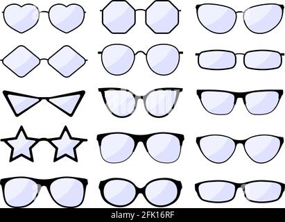Silhouette di occhiali. Occhiali con struttura elegante, modelli neri. Occhiali di moda vetro. Occhiali da sole Hipster. Set di icone isolate vettoriali Illustrazione Vettoriale
