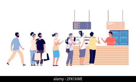 Coda caffè. La gente aspetta il cibo, ristorante di strada. Insalata bar, uomini e donne hanno bisogno di illustrazione vettore cibo Illustrazione Vettoriale