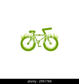 Bicicletta verde con icona erba. Logo Flat bike isolato su bianco. Illustrazione vettoriale. Simbolo trasporto ecologico. Un viaggio sano. Ecologia. Diventa verde. Mondo Illustrazione Vettoriale