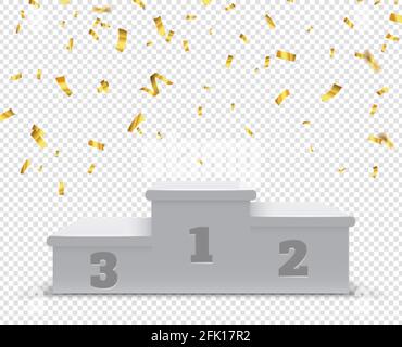 Podio vincitore. Piedistallo dei vincitori dello sport, gradini 3d. Stativo o piattaforma per trofei con confetti d'oro. Illustrazione del vettore di vittoria isolata Illustrazione Vettoriale
