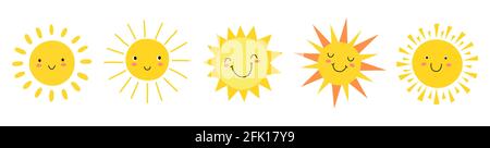 Sole carino. Sunshine emoji, simpatici volti sorridenti. Estate sole emoticon e mattina sole tempo. Icone vettoriali divertenti smileys isolate Illustrazione Vettoriale