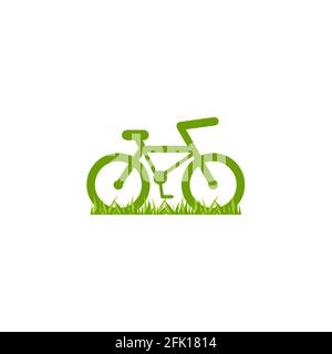 Bicicletta verde con icona erba. Logo Flat bike isolato su bianco. Illustrazione vettoriale. Simbolo trasporto ecologico. Un viaggio sano. Ecologia. Diventa verde. Mondo Illustrazione Vettoriale