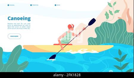 Canoa e kayak. Modello di sito Web sport acquatici. Uomo in kayak nel lago blu. Attività estreme, divertente ricreazione all'aperto vettore landing page Illustrazione Vettoriale