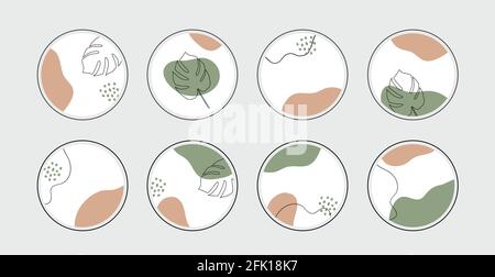 Vettoriale evidenziare le icone di copertina della storia per i social media. Astratto minimo sfondo di cerchio organico con foglie tropicali per i blogger instagram Illustrazione Vettoriale