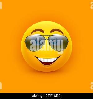 Emoji in occhiali da sole. Icona comica, emoticon sorriso giallo indossare occhiali. 3d happy face, personaggio vettoriale cartoon estivo Illustrazione Vettoriale