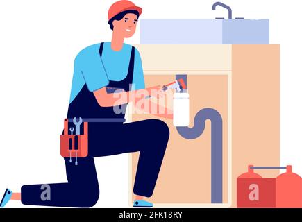 Idraulico. Tubo di fissaggio uomo, valvola dell'acqua e lavello. Lavoratore isolato con strumenti. Riparazione di tubi, home aiutare illustrazione vettoriale di servizio Illustrazione Vettoriale