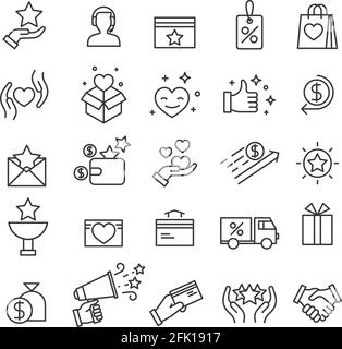 Icone dei programmi fedeltà. Sconti esclusivi, vantaggi di incentivi per i clienti e presenta punti. Simboli delle linee vettoriali dell'interfaccia del sito Web per gli acquisti Illustrazione Vettoriale