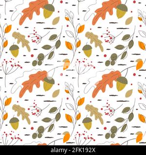 Vettoriale cute motivo senza giunture, autunno scandinavo disegno a mano sottile linea. Contorni grigi, sfondo bianco. Foglie di quercia, ghiande, ramificazione Illustrazione Vettoriale