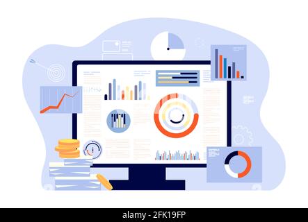 Relazione finanziaria e contabilità. Audit, risultati degli investimenti o report fiscali. Schermo del computer, grafici e grafici. Vettore di programmazione aziendale account Illustrazione Vettoriale