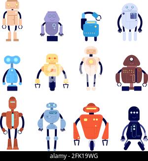 Personaggi robot. Simpatico gioco meccanico narrativa. Tecnologia isolata androidi per i bambini. Cyborg futuristico d'epoca per bambini, set vettoriale robotico Illustrazione Vettoriale