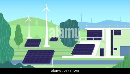 Energia elettrica pulita. Turbina, costruzione di risorse rinnovabili. Elettricità moderna, stazione solare a batteria. Illustrazione vettoriale Powerhouse Illustrazione Vettoriale