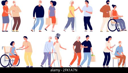 Lavoratori sociali. Aiuto gruppo senior, volontari. Supporto della comunità di assistenza o del personale degli studenti. Persone che aiutano l'anziano persona insieme vettoriale Illustrazione Vettoriale
