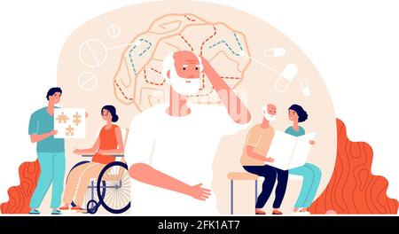 Malattia di Alzheimer. Malattia neurologia terapia. Anziani perdita di memoria, trattamento del cervello. Concetto di vettore di riabilitazione medica per pazienti anziani Illustrazione Vettoriale