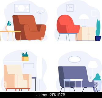 Interni scandinavi. Arredamento minimalista. Graziosa zona lounge alla moda con poltrona, quadri e piante. Moderno ed elegante set vettoriale per la casa Illustrazione Vettoriale