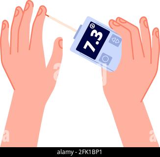 Analisi del sangue di glucosio. Display glucometro, misurazione del livello di zucchero. Test per il diabete o monitoraggio del paziente per la salute. Concetto di vettore del dispositivo medico Illustrazione Vettoriale