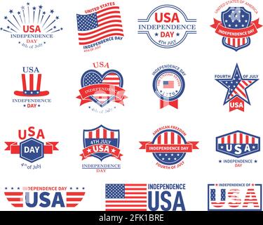 Giorno dell'indipendenza usa. Bandiera americana, patrioti celebrano la libertà. Distintivi patriottici nazionali. Etichette vettoriali natalizie degli Stati Uniti Illustrazione Vettoriale