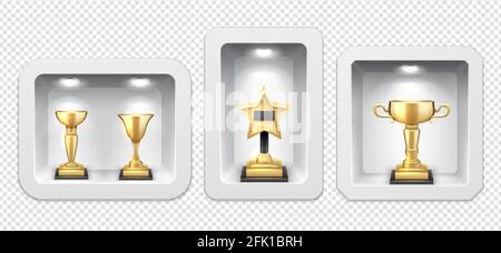 Tazze dorate. Supporto per premi, scatole luminose. Galleria della Vittoria, scaffali realistici con lampade vettoriali illustrazione Illustrazione Vettoriale
