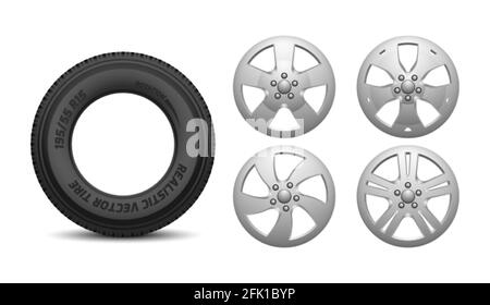 Cerchi e pneumatici per auto. Ruote in gomma realistiche isolate. Illustrazione vettoriale per la manutenzione del veicolo, la riparazione delle ruote del carrello Illustrazione Vettoriale
