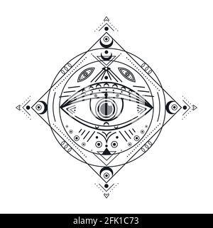 Occhio a tutti. Simbolo illuminato nero, emblema con l'occhio della provvidenza. Tatuaggio isolato di protezione vintage occulta. Illustrazione vettoriale esoterica Illustrazione Vettoriale