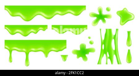 Calce da gocciolamento realistica. Lobi verdi radioattivi e goccia. Liquido tossico, bagliore slimy spruzzi disordinati. Set vettoriale per sostanze adesive e gelatina stretch Illustrazione Vettoriale