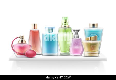 Bottiglie di profumo realistiche. Spruzzare flacone in vetro, confezione cosmetica. Flacone di fragranza isolato sul ripiano per l'illustrazione vettoriale del punto vendita Illustrazione Vettoriale