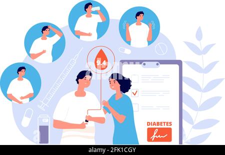 Diabete mellito. Analisi del sangue di glucosio. Insulina, misuratori di zucchero e sintomi di malattia. Sanità medica, concetto vettore di diagnosi diabetica Illustrazione Vettoriale