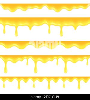 Bordo di miele gocciolante. Lo sciroppo d'olio che scorre, gocciola il flusso. Isolato realistico fuso dorato delizioso caramello o salsa vettore senza cuciture modello Illustrazione Vettoriale