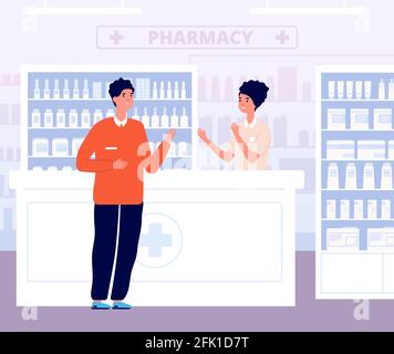 Farmacista e paziente. Consultazione di droghe, maschio nell'interno della farmacia. Medico consulente infermiere e cliente in farmacia illustrazione vettore Illustrazione Vettoriale