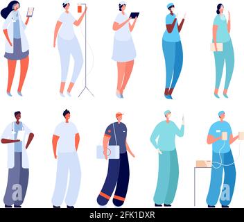 Medico e infermiere. Appartamento intern ospedale, chirurgo paramedico. Team medico giovane. Insieme di vettori specifici isolati di malattia infettiva femminile Illustrazione Vettoriale