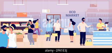 Negozio di alimentari eco. La gente con le proprie borse tessili compra frutta vegetali prodotti biologici. Eco mercato, clienti e cassa illustrazione vettoriale Illustrazione Vettoriale